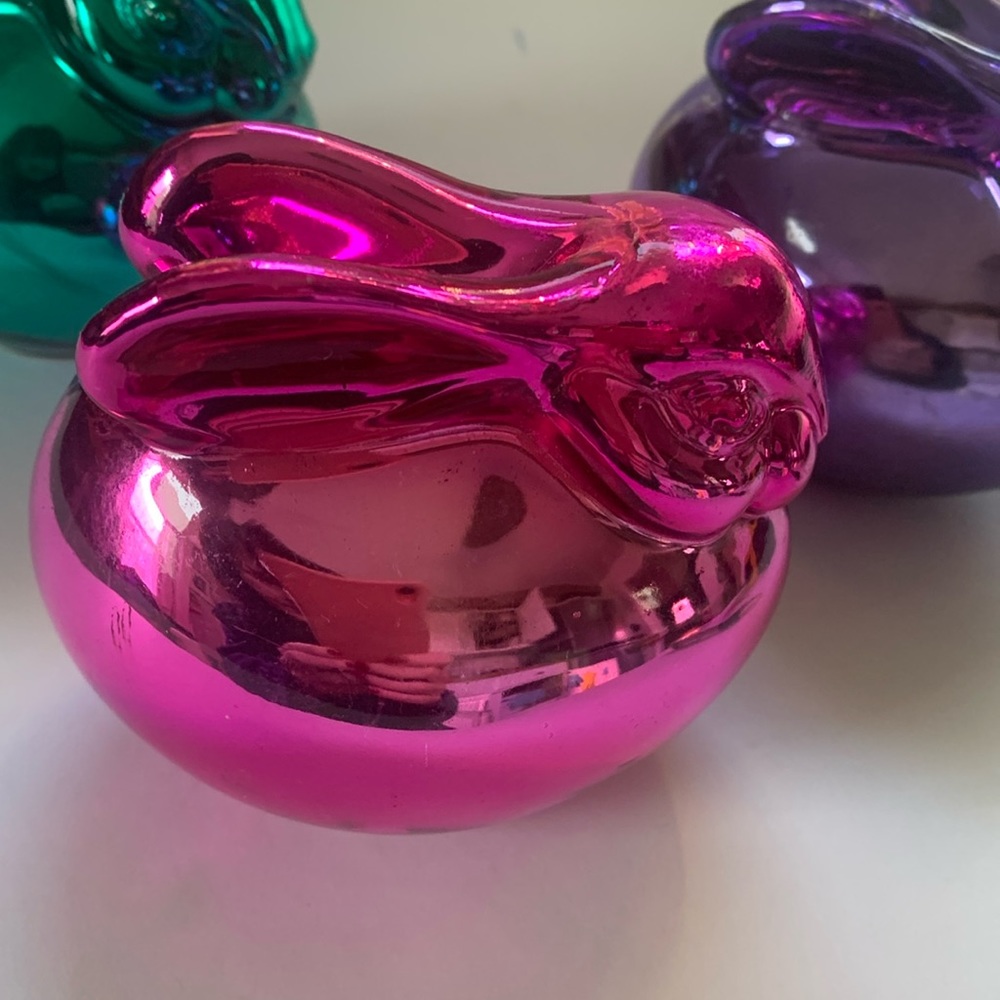 Vintage Department 56 Handblown Glass Bunny Set Of Three Pink Green Purple - Picture 3 of 10